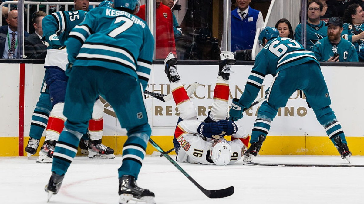 Aleksander Barkov lies on the ice during a Florida Panthers game against the San Jose Sharks.