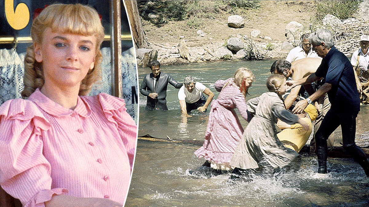 A split image of Alison Arngrim and cast and crew members on the set of "Little House on the Prairie."