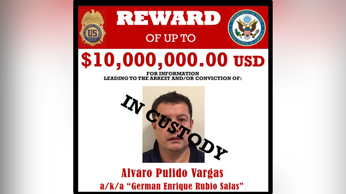Alvaro Pulido Vargas reward poster offering up to $10 million, stamped 