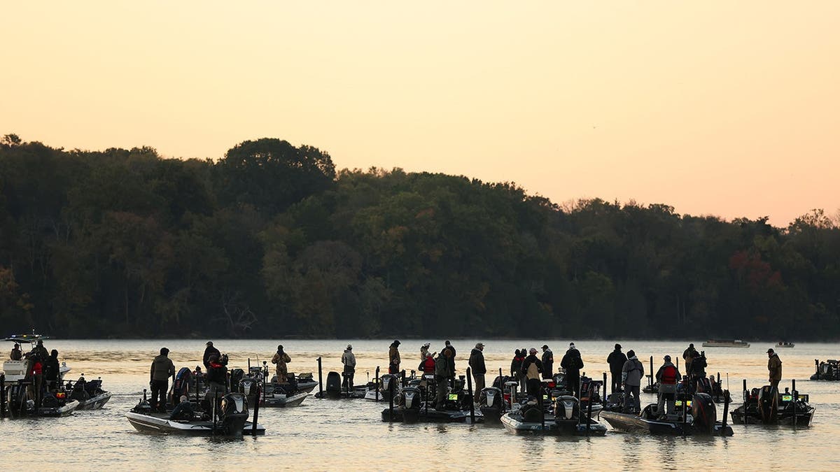 Anglers and boat crews are on the water during a bass fishing tournament in Nashville, Tennessee.