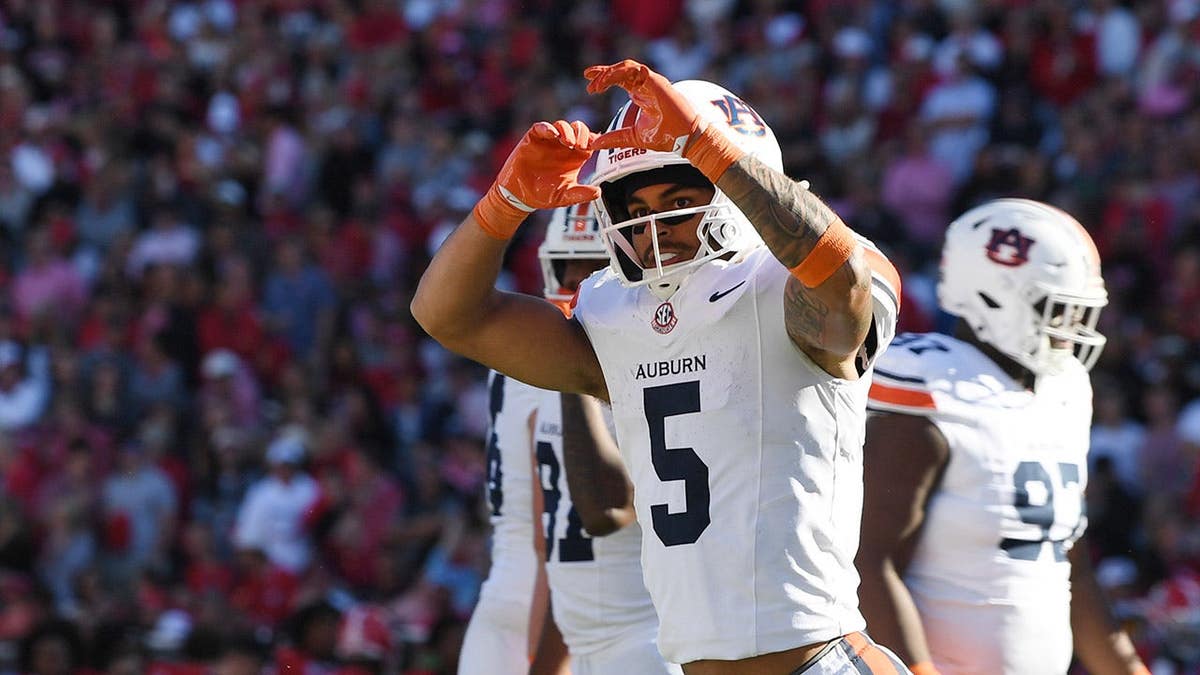 Chas Nimrod celebrates a touchdown during a college football game.