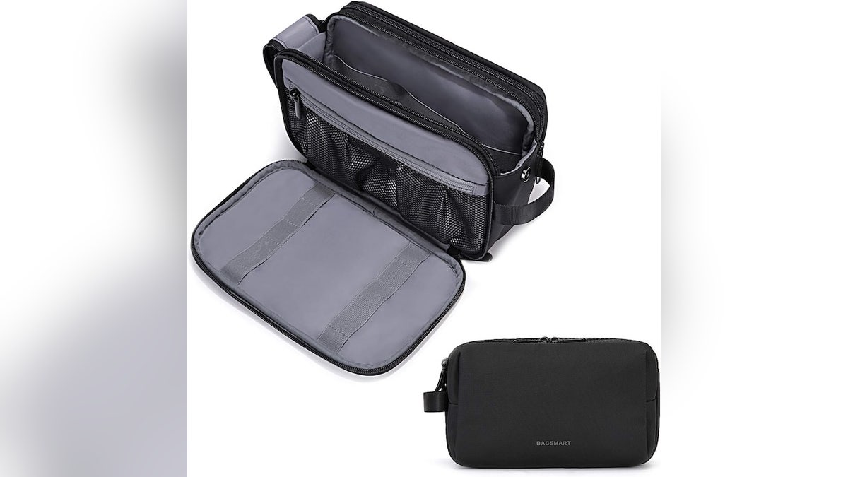 Store essentials while traveling in this compact toiletry bag.