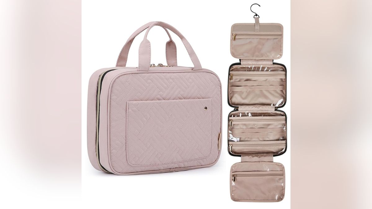 BAGSMART’s hanging toiletry bag keeps travel essentials organized.