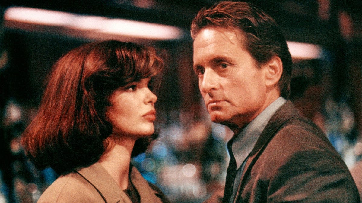 Jeanne Tripplehorn and Michael Douglas in a scene from Basic Instinct in 1992
