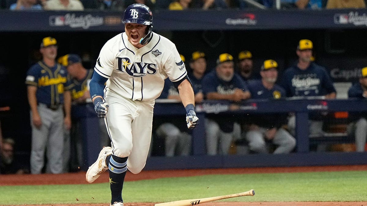 Ben Williamson celebrates after hitting a game-winning hit during Game 4 of the World Series.