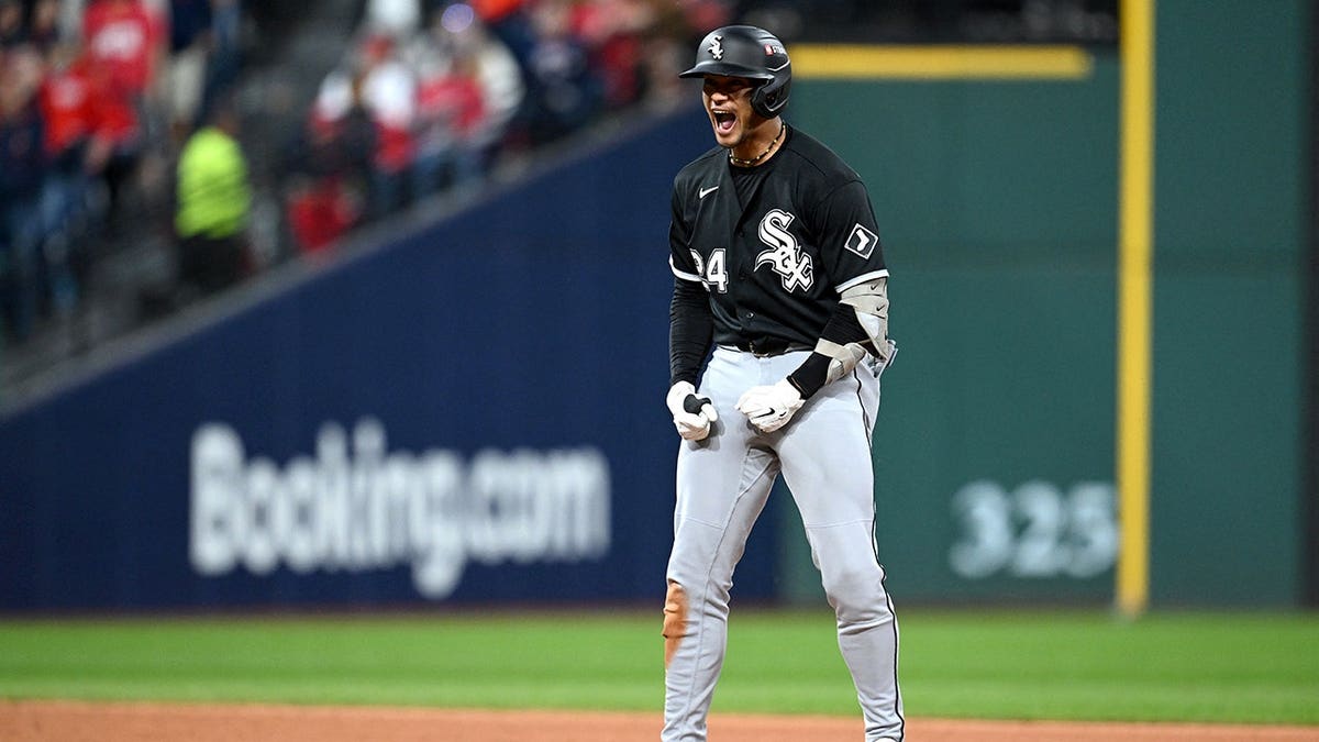 Braden Montgomery celebrates hitting a two-run double during Game 2 of the ALDS.