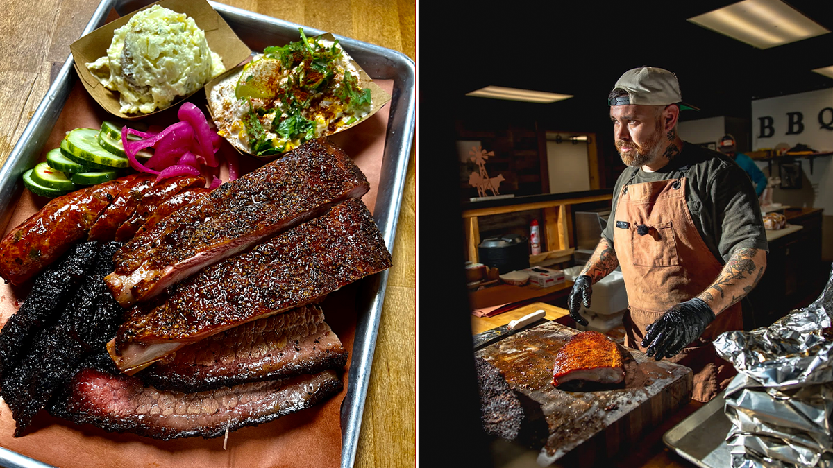 a plate of brisket and sausage and other sides; a man in an apron handling meat at a barbecue restaurant