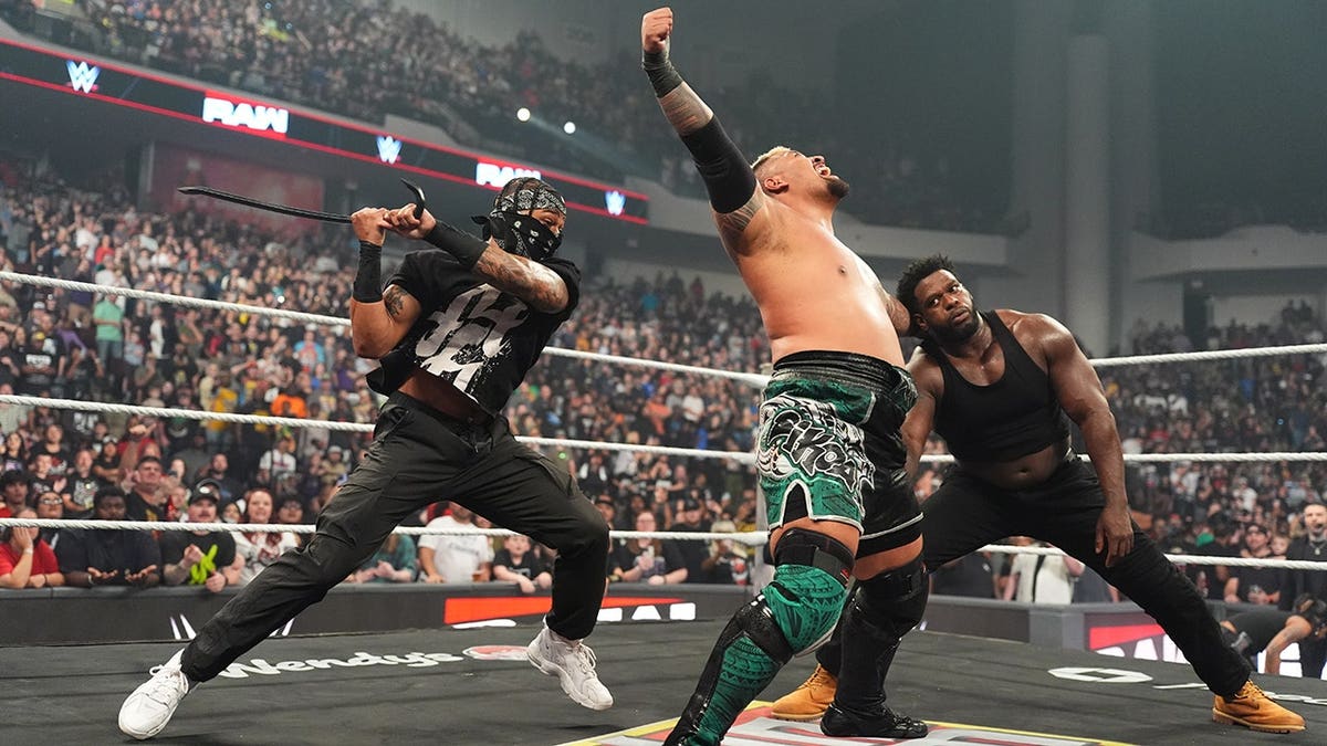 Carmelo Hayes attacks Solo Sikoa during Monday Night RAW in Bossier City, Louisiana.
