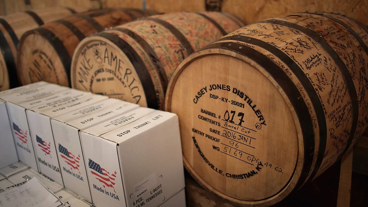 Barrels of moonshine age at Casey Jones Distillery in Hopkinsville, Ky.
