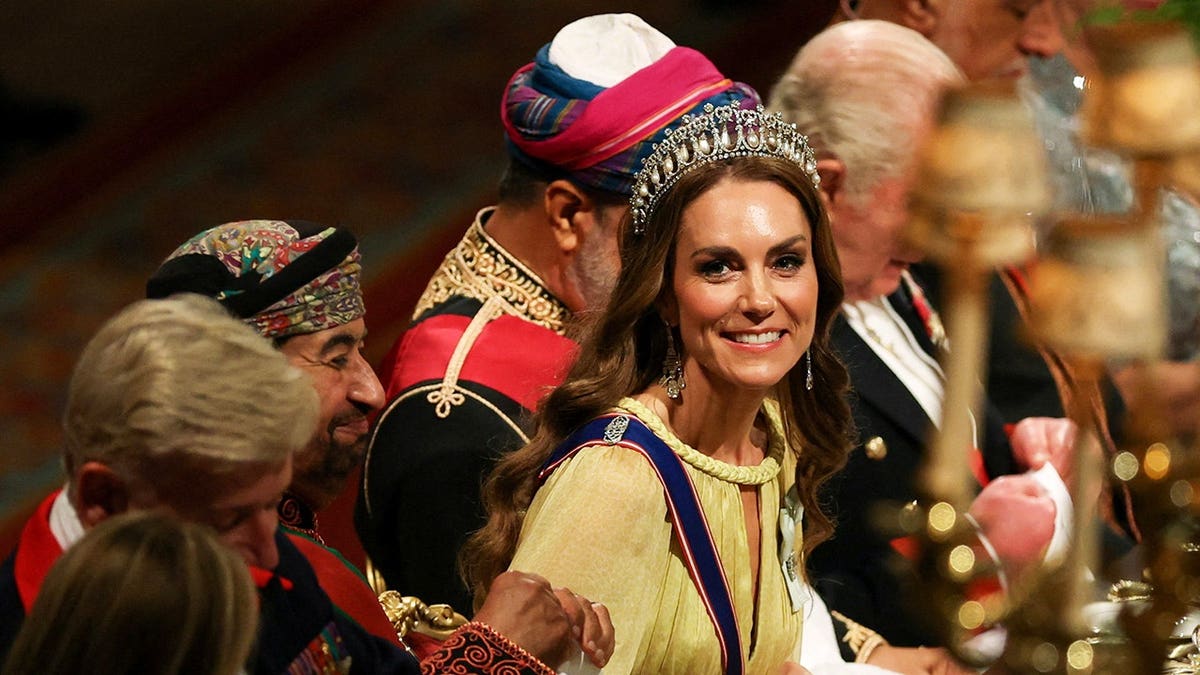 Catherine, Princess of Wales attends a state banquet at Windsor Castle.