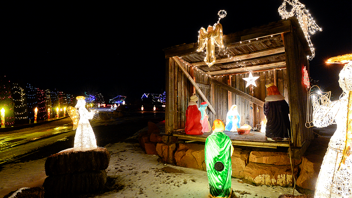 A nativity scene and lights