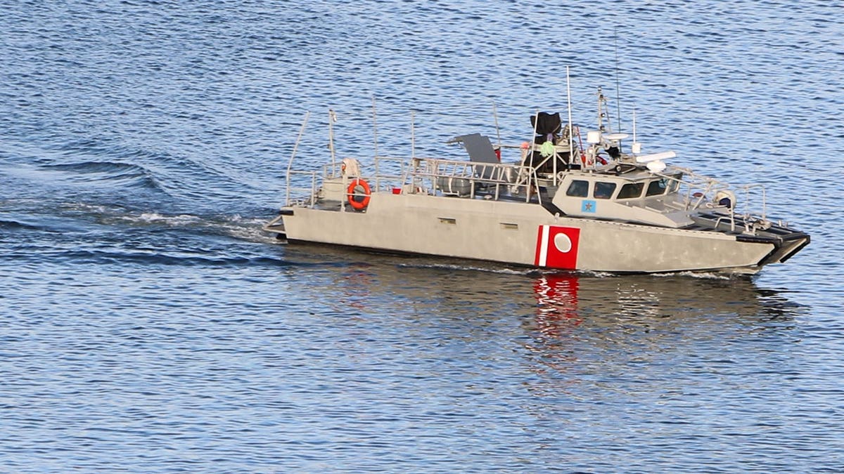 A coast guard ship sits in the harbor near Mazatlan, Mexico.