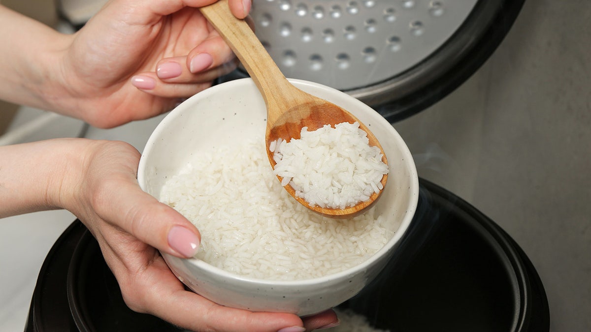 Woman taking boiled rice into bowl on grey background, closeup