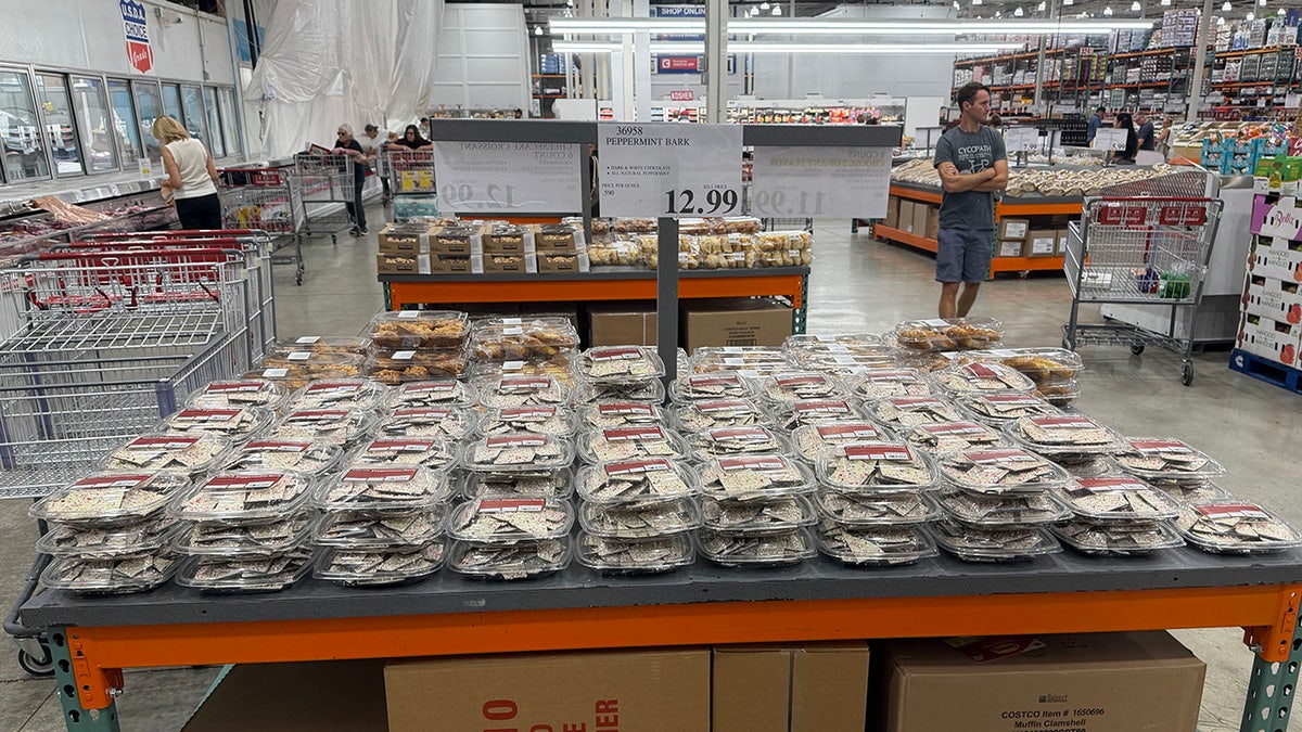 Costco peppermint bark with customers in background.