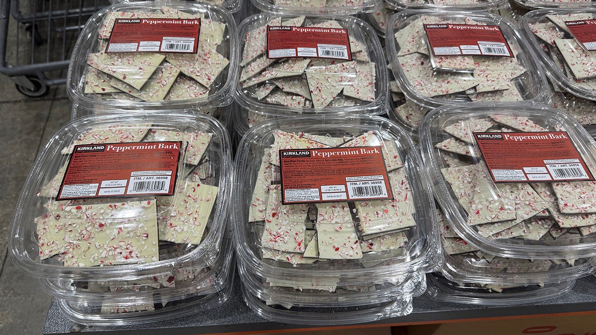 Peppermint bark boxes stacked at Florida Costco
