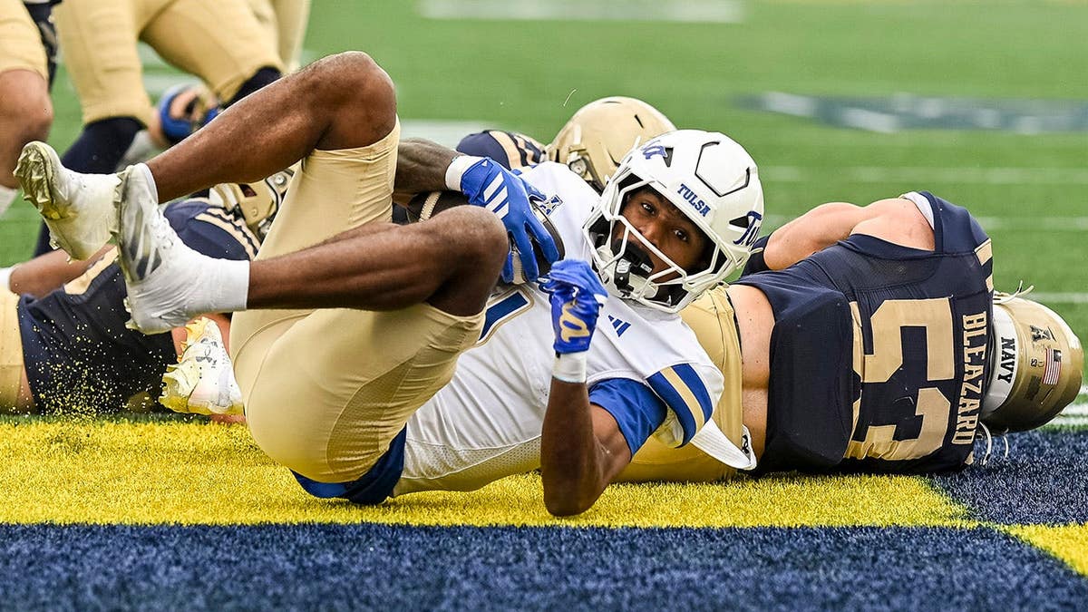 David Wells Jr. reacts after catching a touchdown pass against Navy.