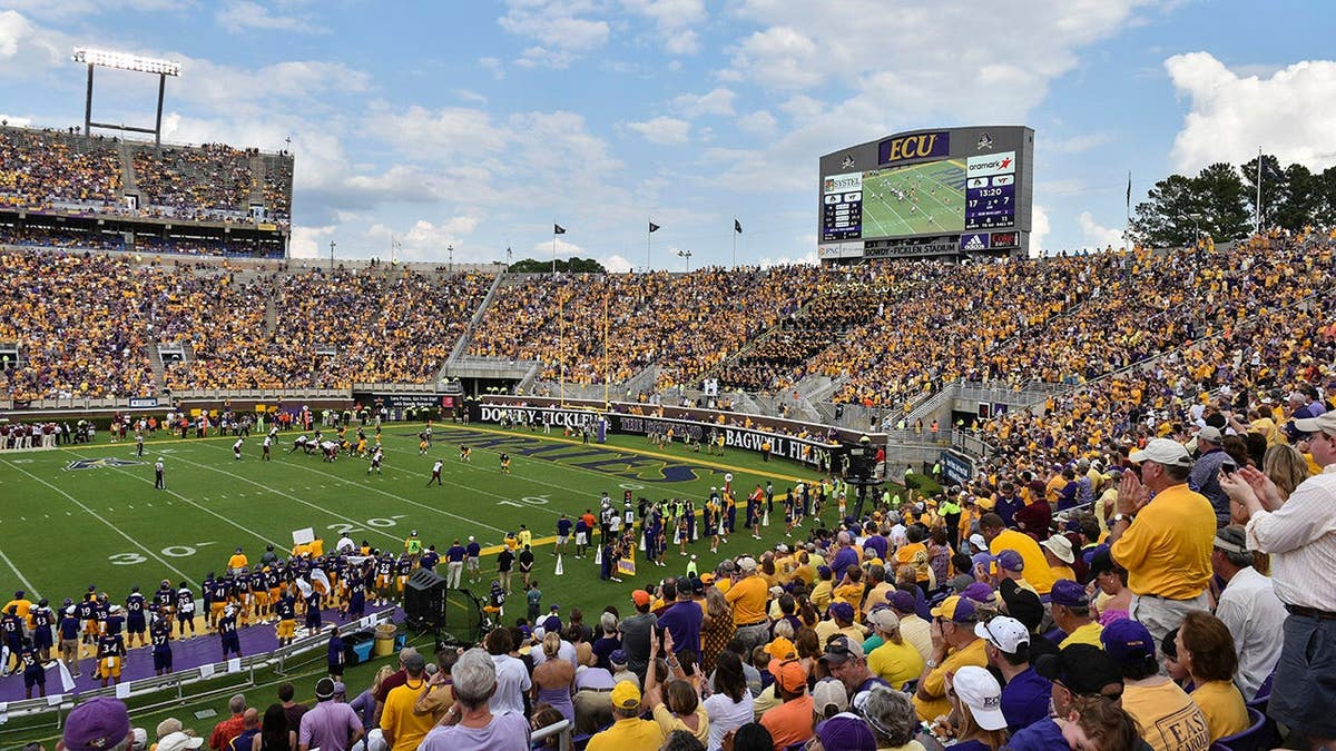 Dowdy-Ficklen Stadium during an East Carolina Pirates and Virginia Tech Hokies football game.