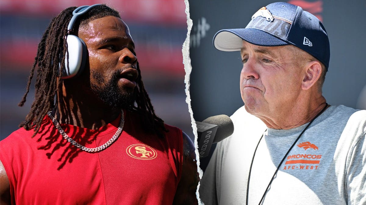 Split image of Dre Greenlaw on the left in San Francisco 49ers gear and Denver Broncos head coach Sean Payton on the right speaking into a microphone.