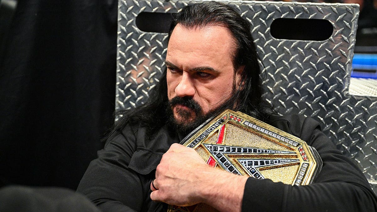 Drew McIntyre looks on during SmackDown at KFC Yum! Center in Louisville.