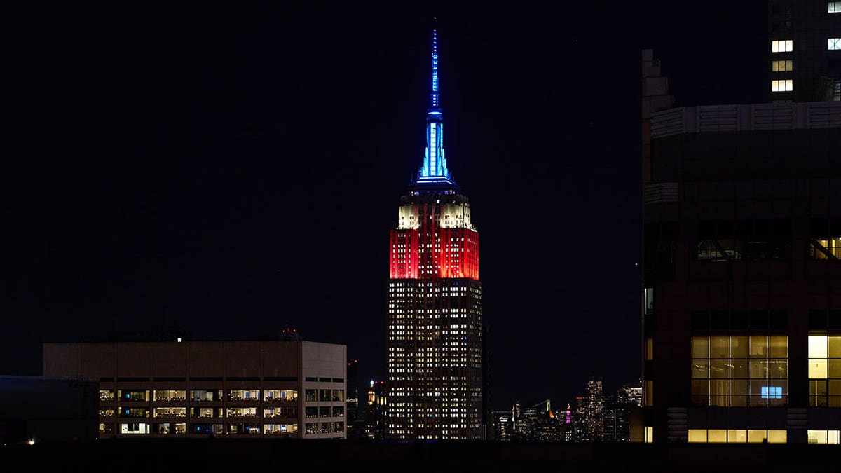Empire State Building lit up with red, white and blue in celebration of Fox News Channel's 30th anniversary.