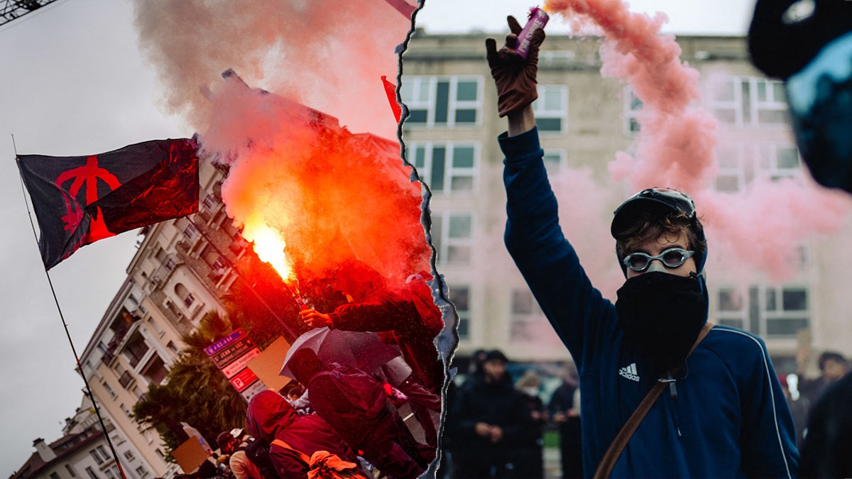 A split image of protests across France