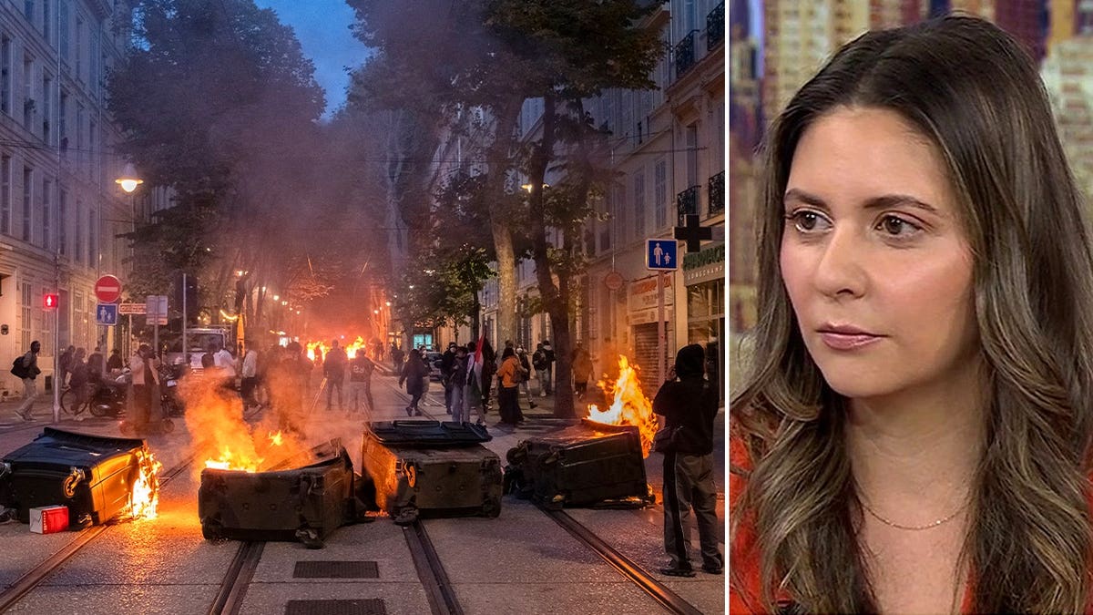Flames engulf a street in France in one image while NY Post reporter Gabrielle Fahmy appears on the right