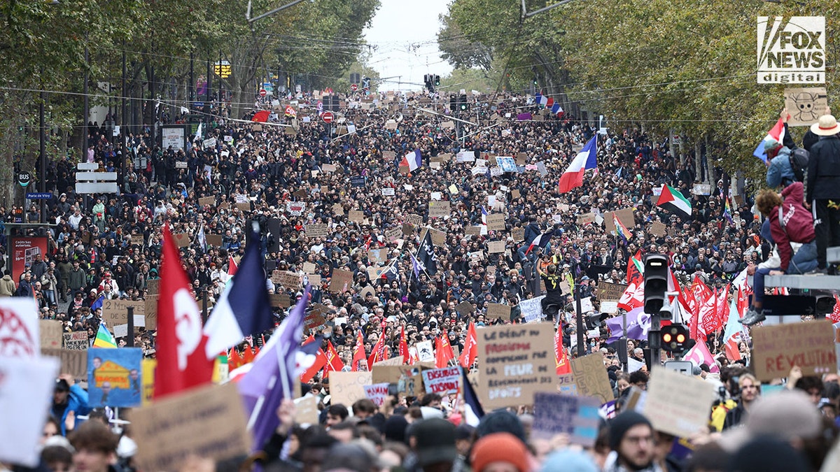 Crowds of protesters flood a Paris street.