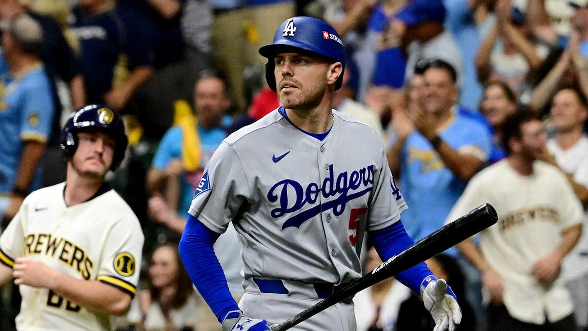 Freddie Freeman reacts after striking out during Game 2 of the NLCS at American Family Field.