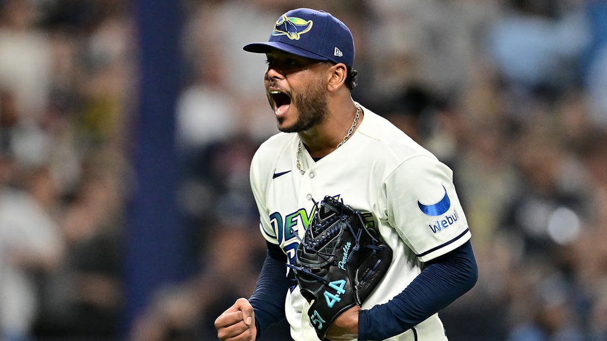 Freddy Peralta reacts during the fourth inning of an American League Championship Series game.