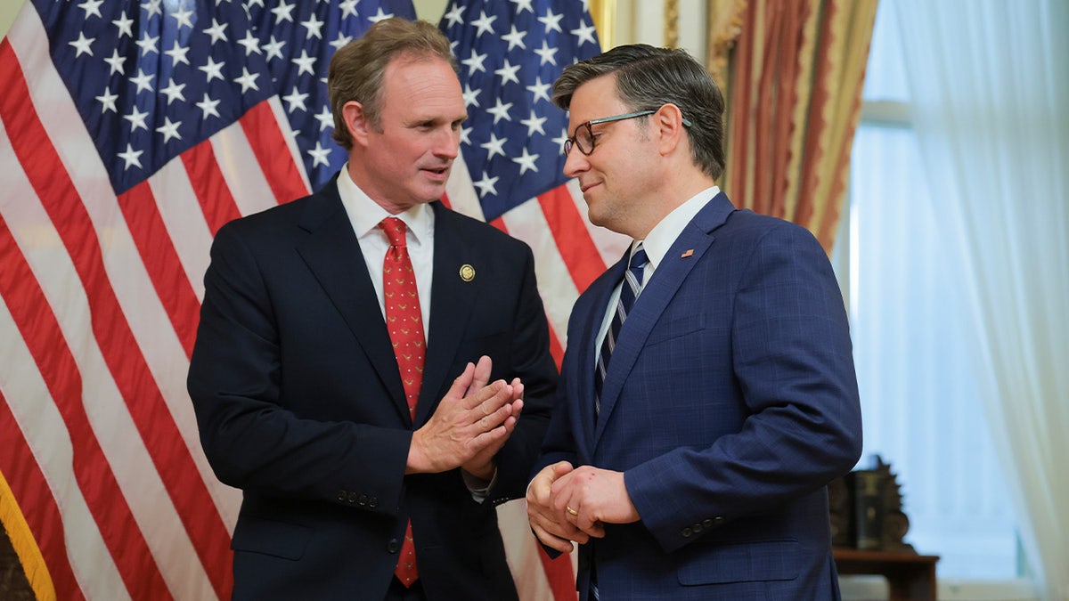Rep. James Gallagher speaks with Speaker Mike Johnson