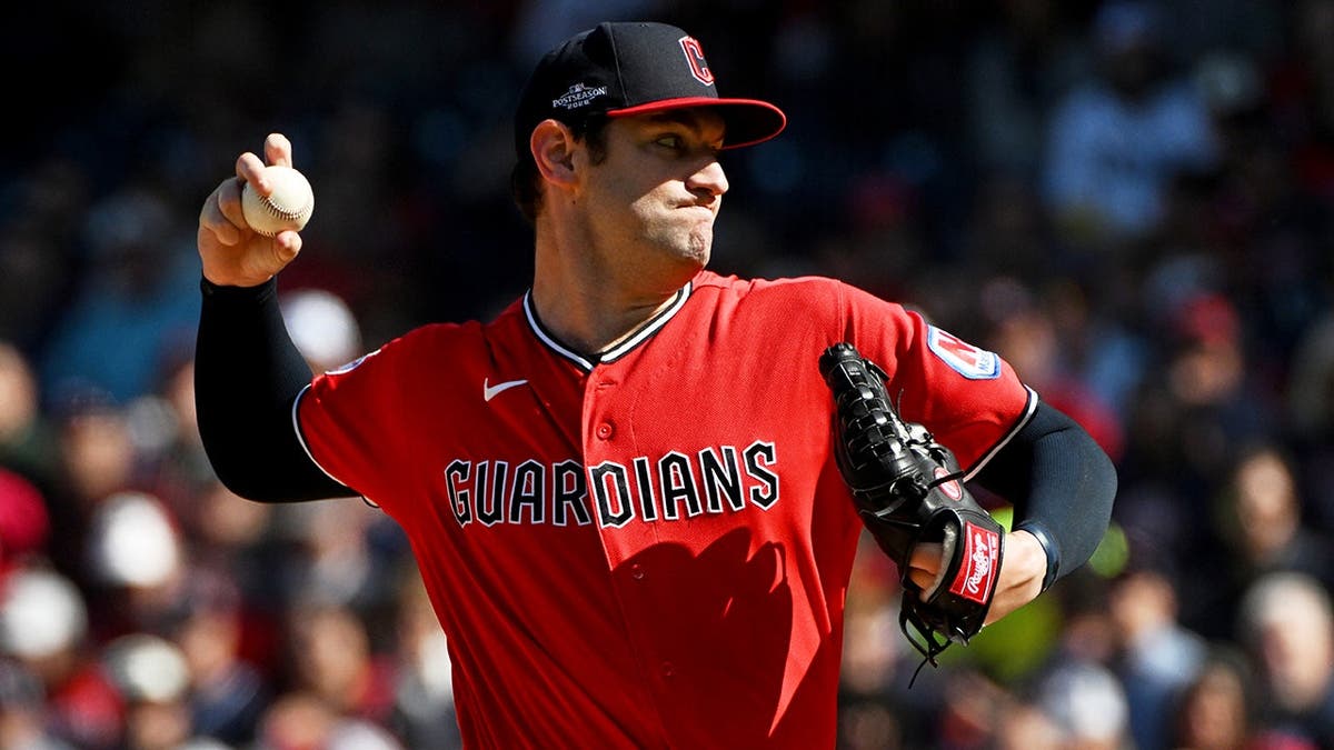 Gavin Williams throws a pitch during Game 3 of the American League Championship Series.