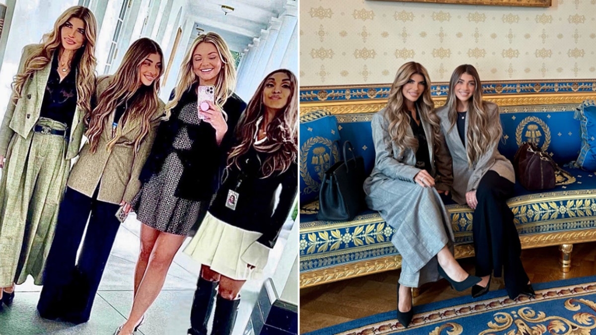 Split photos of Giudice's and Lynne Patton posing for a mirror selfie in a hallway; Giudice's seated on a blue and gold sofa.