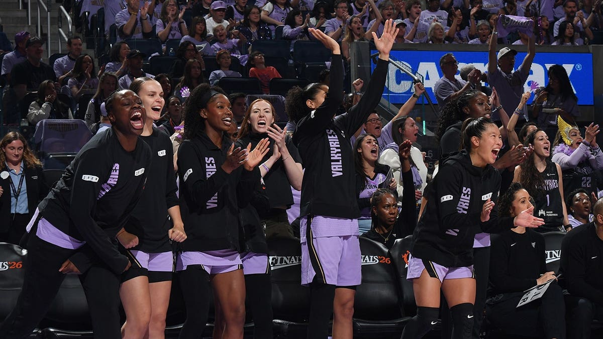 Golden State Valkyries celebrate during a game against the Atlanta Dream.