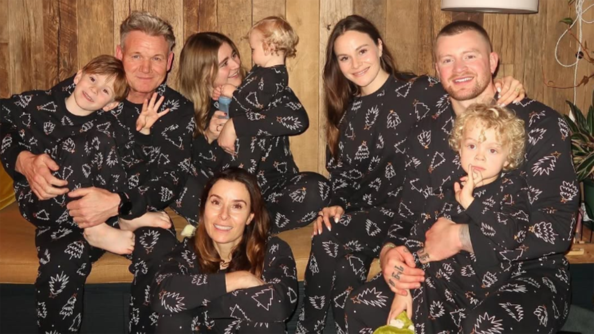 A photo of Gordon Ramsay with his wife and family in matching pajamas