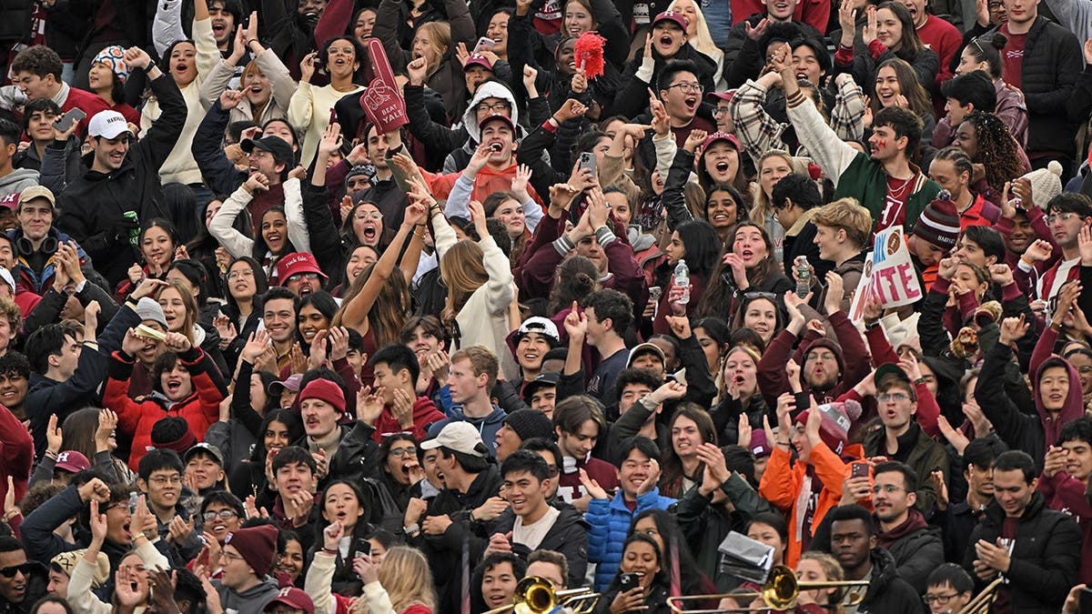 Harvard Crimson fans cheer in the stands at Yale Bowl.