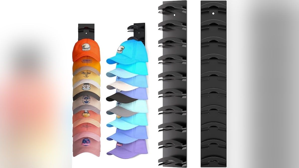 Install this hat rack using screws or the included adhesive.