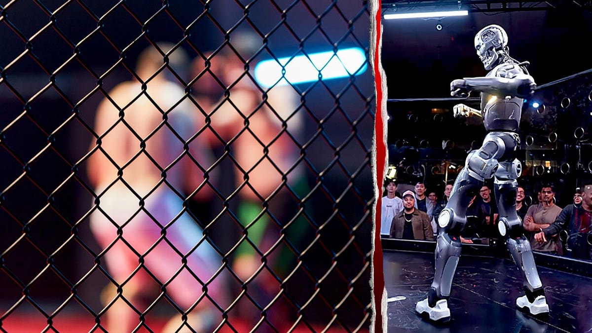 A humanoid robot is pictured next to a cage fight.