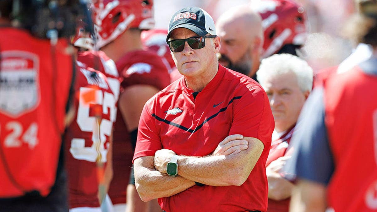 Hunter Yurachek stands on the sidelines during a game at Donald W. Reynolds Razorback Stadium.