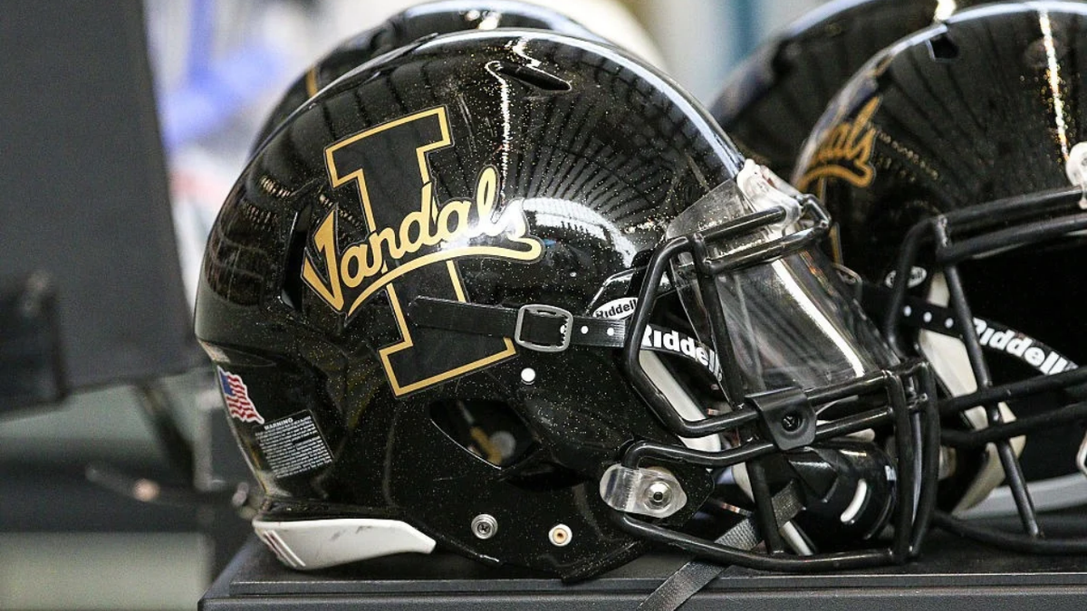 Idaho Vandals helmet on the sideline during a football game at Kibbie Dome.