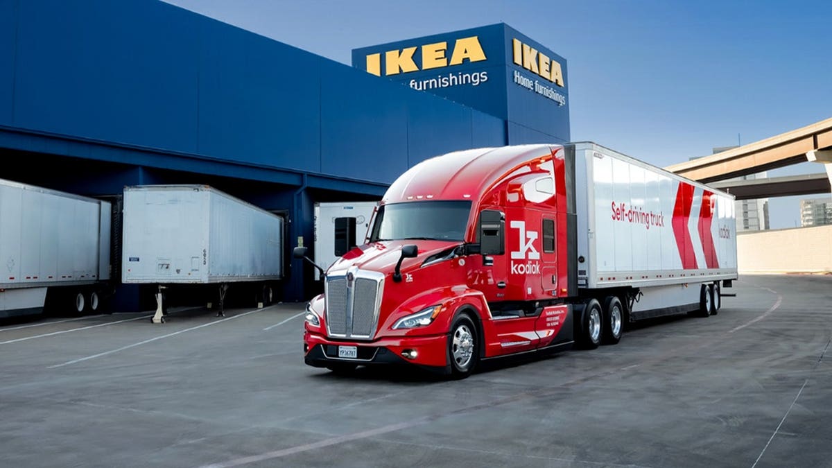 A driverless truck parked by an Ikea warehouse.
