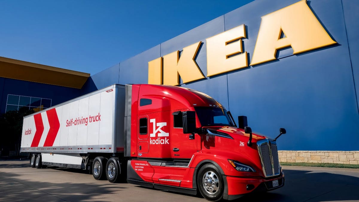 A driverless truck parked by an Ikea warehouse.