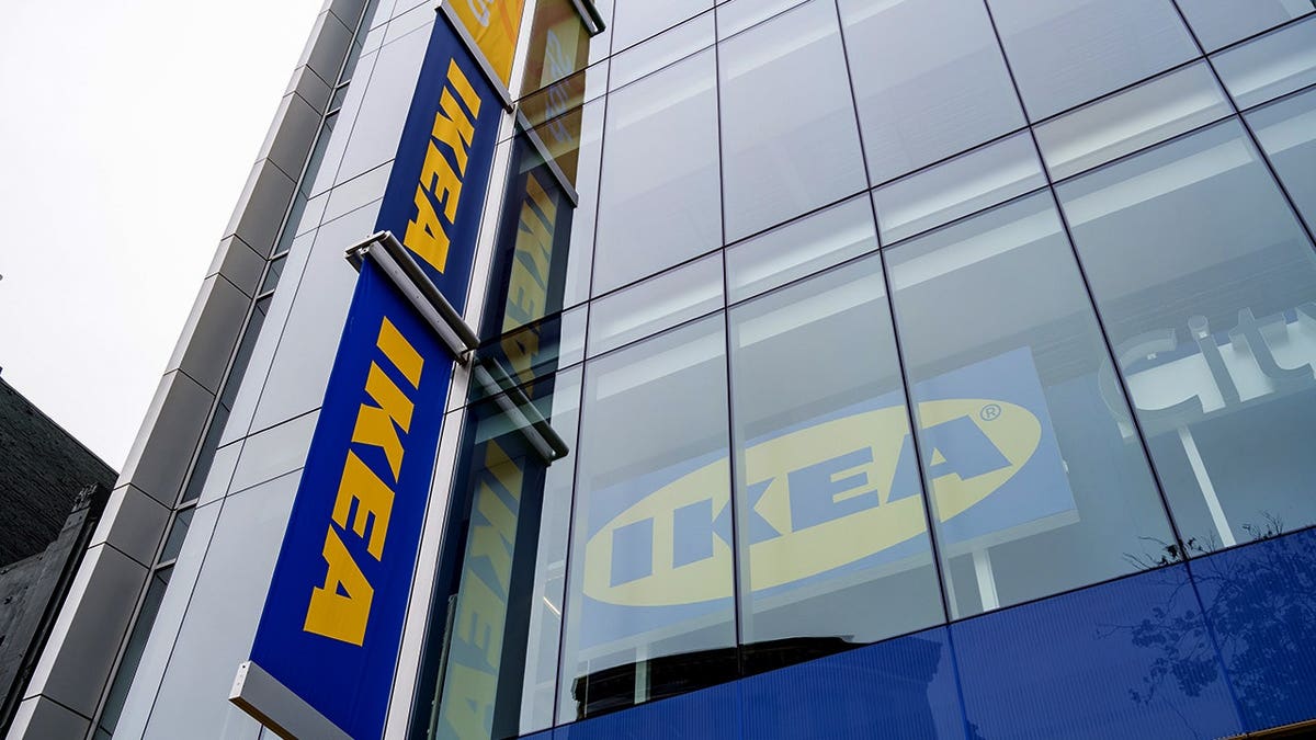 Ikea signs at a storefront.