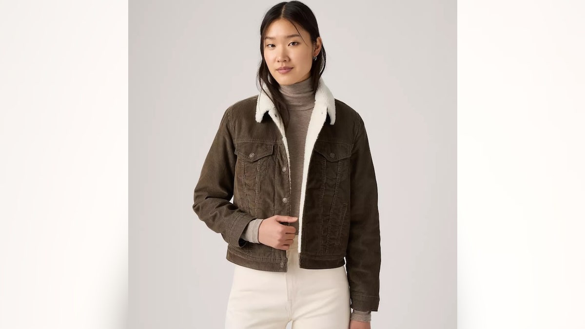 This fall jacket comes in brown and pink corduroy as well as classic blue denim.