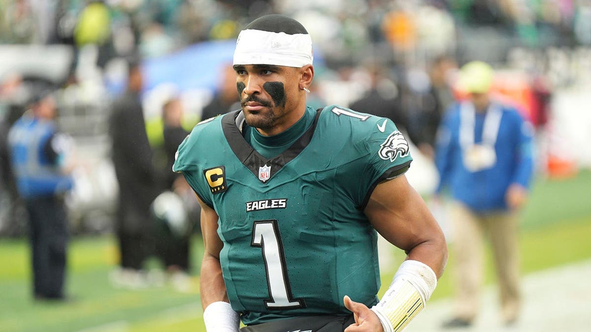 Jalen Hurts looks on during a game at Lincoln Financial Field in Philadelphia.