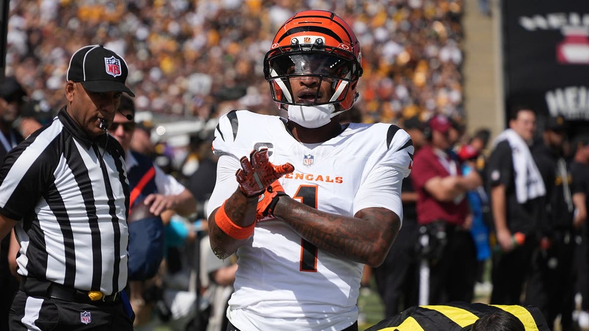 Ja'marr Chase reacts after scoring a touchdown during an NFL game.