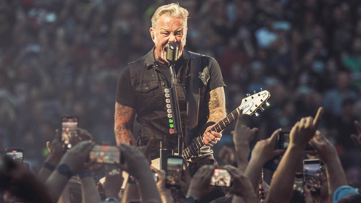James Hetfield of Metallica performs on stage at Estadio Cívitas Metropolitano.