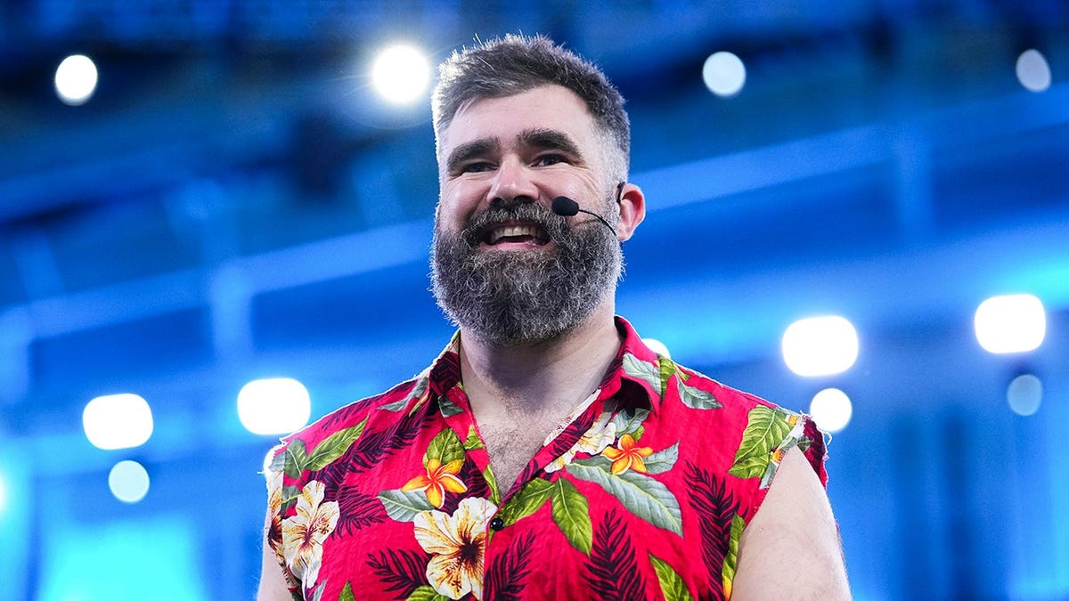 Jason Kelce looks on before a match at SoFi Center in Palm Beach Gardens, Florida.