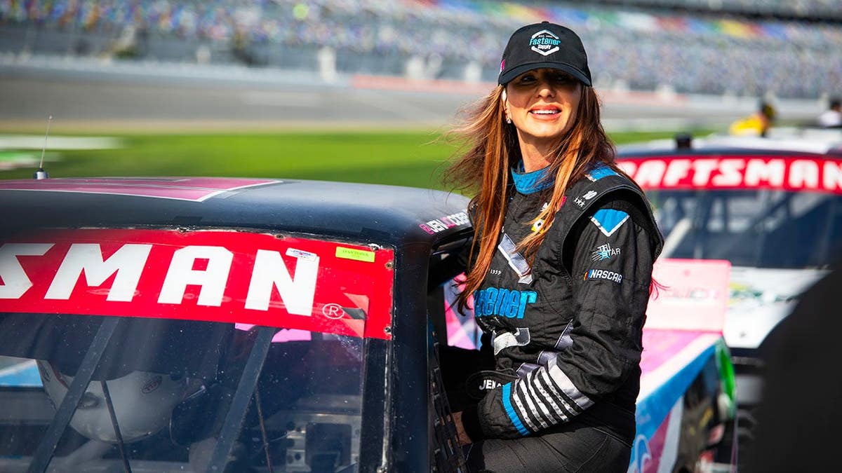 Jennifer Jo Cobb stands during the Fresh From Florida 250 at Daytona International Speedway.