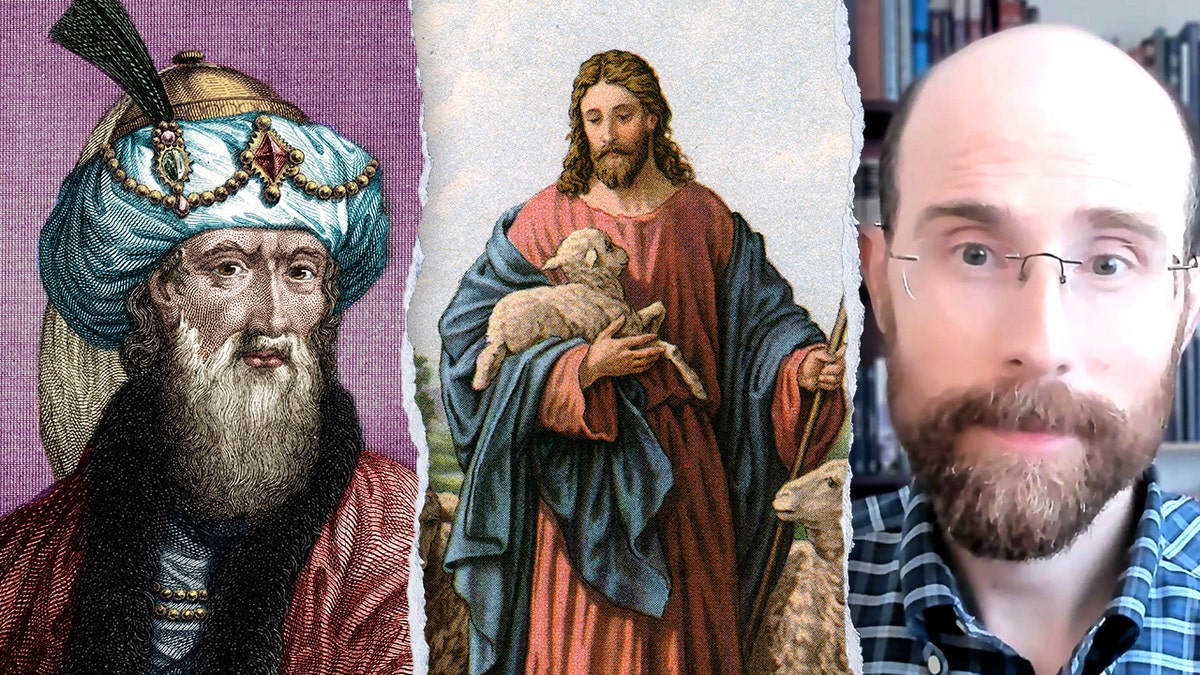 Split image of Josephus, Jesus holding lamb and TC Schmidt