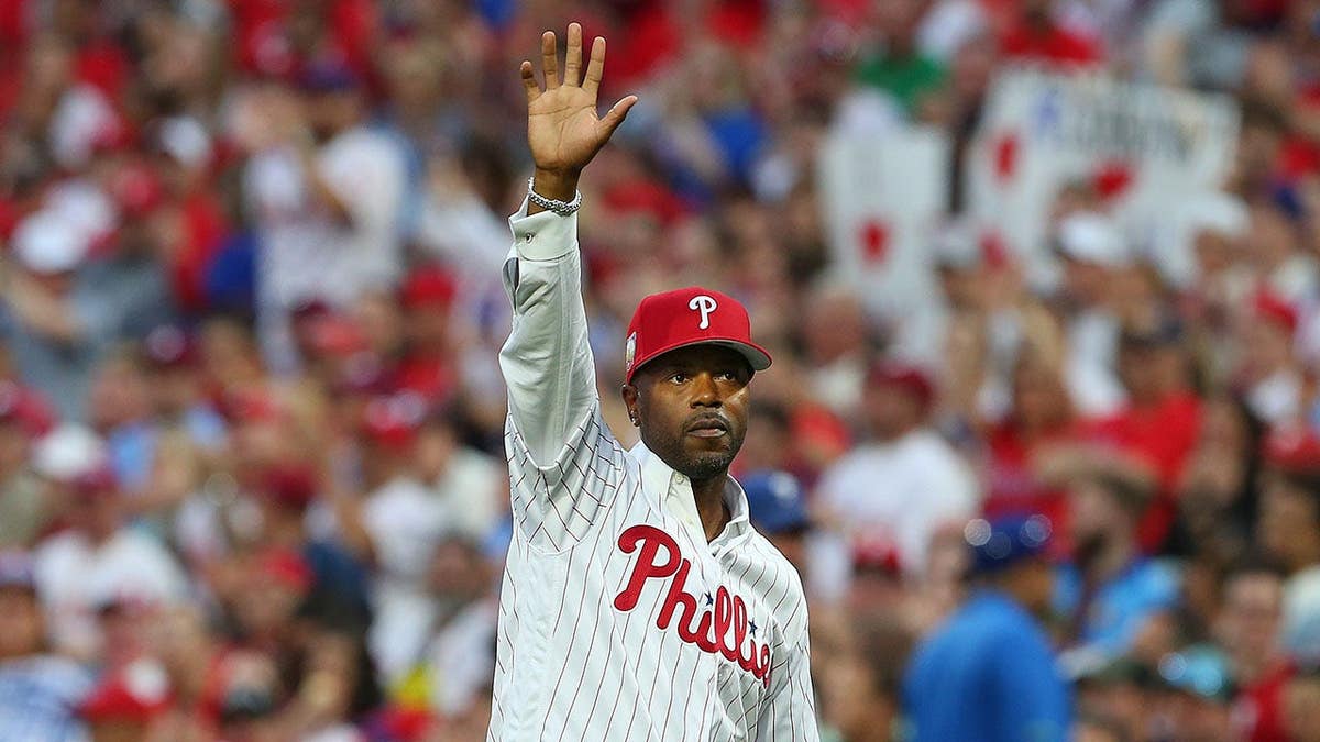 Jimmy Rollins waves during his retirement ceremony at Citizens Bank Park.